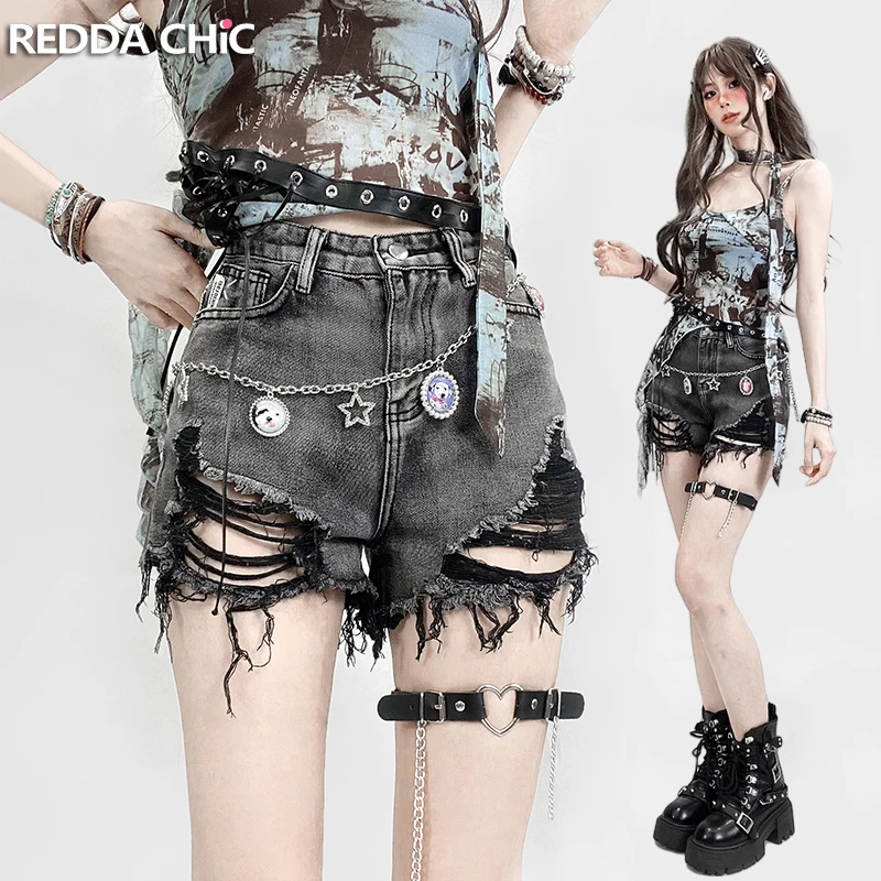 REDDACHiC 2000년대 디스트레스드 여성 데님 반바지 Destroyed Black Frayed 하이 웨이스트 짧은 바지 트렌디 여름 펑크 그런지 streetwear