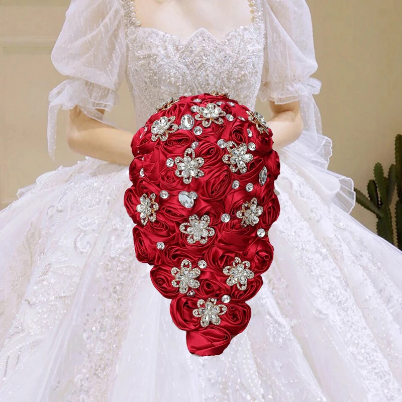 Red Waterfall Wedding Bouquets Beaded Pearl Bouquet for Bride