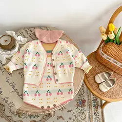 MILANCEL Baby Girl Clothes Cherry Cardigans And Knit Bodysuit 2 Pcs Suit Infant Knit Outfit