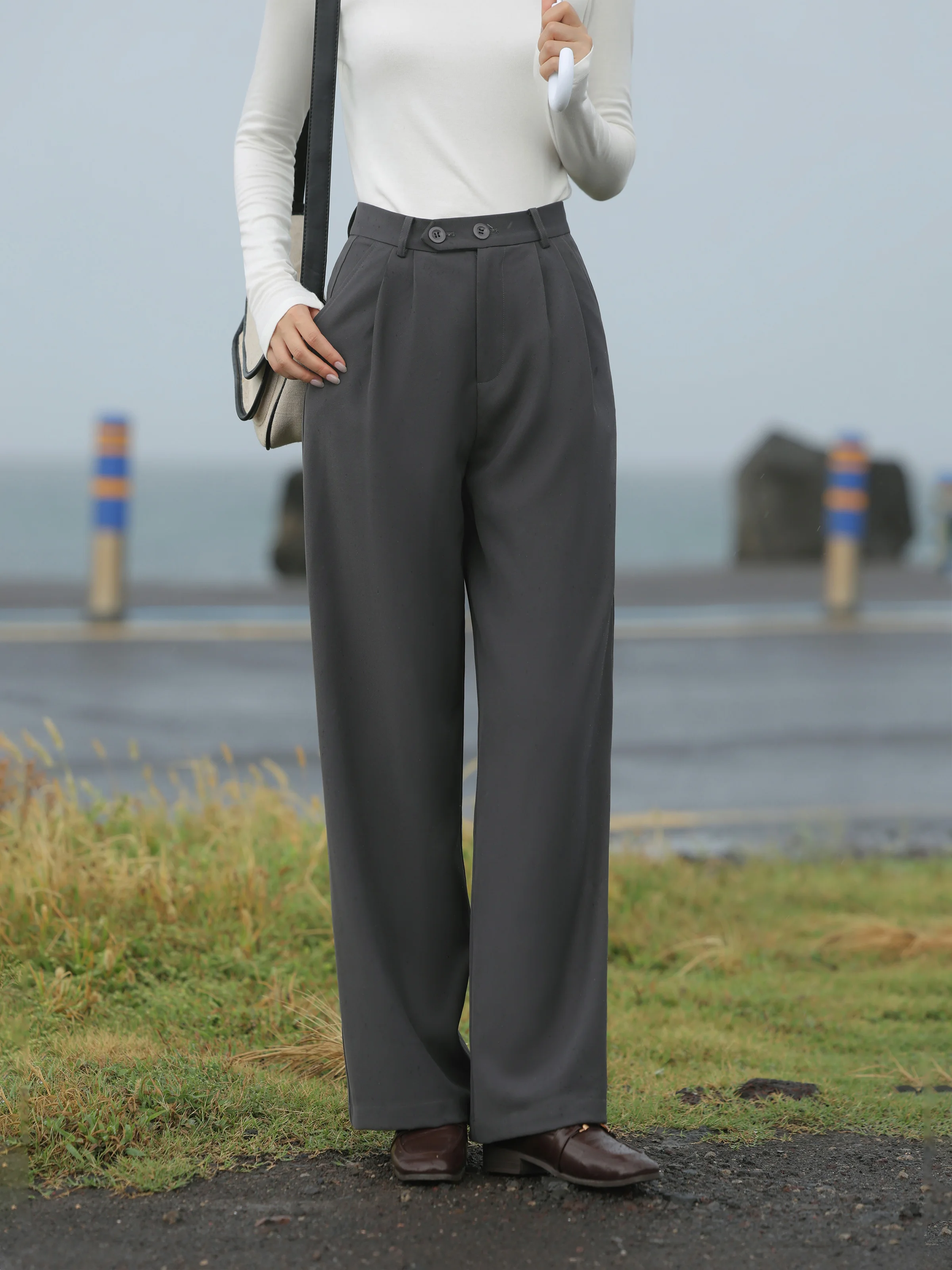 Black High Waist Wide Leg Pants Spring Casual Straight Trousers Petite Loose Suit Style Slacks Elegant Office Workwear Bottoms