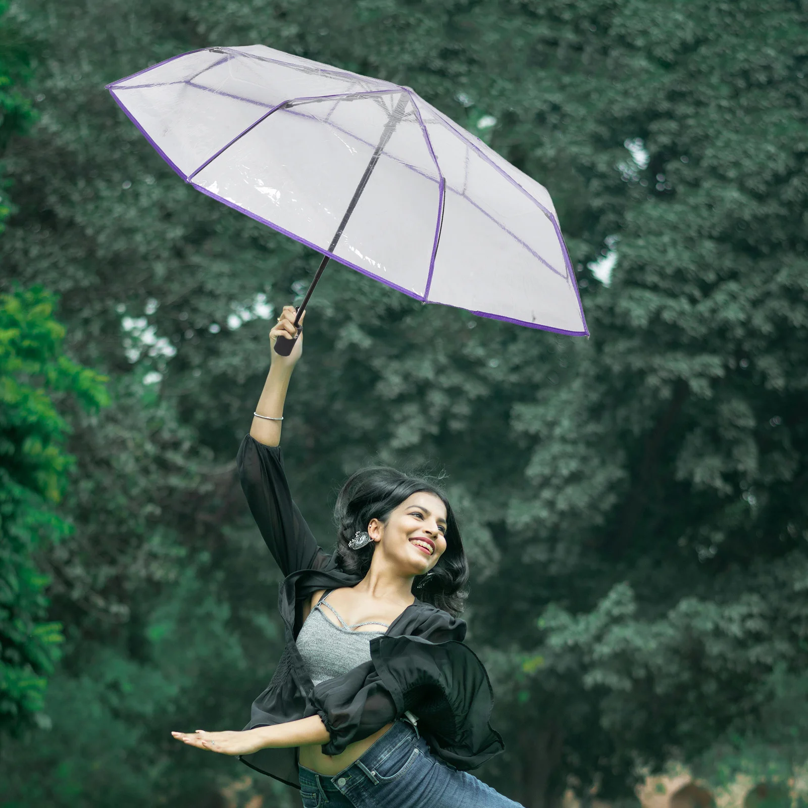 

Transparent Folding Umbrella Automatic Open Close Compact Travel Clear Windproof Foldable Rain Umbrella for Women Men Wedding