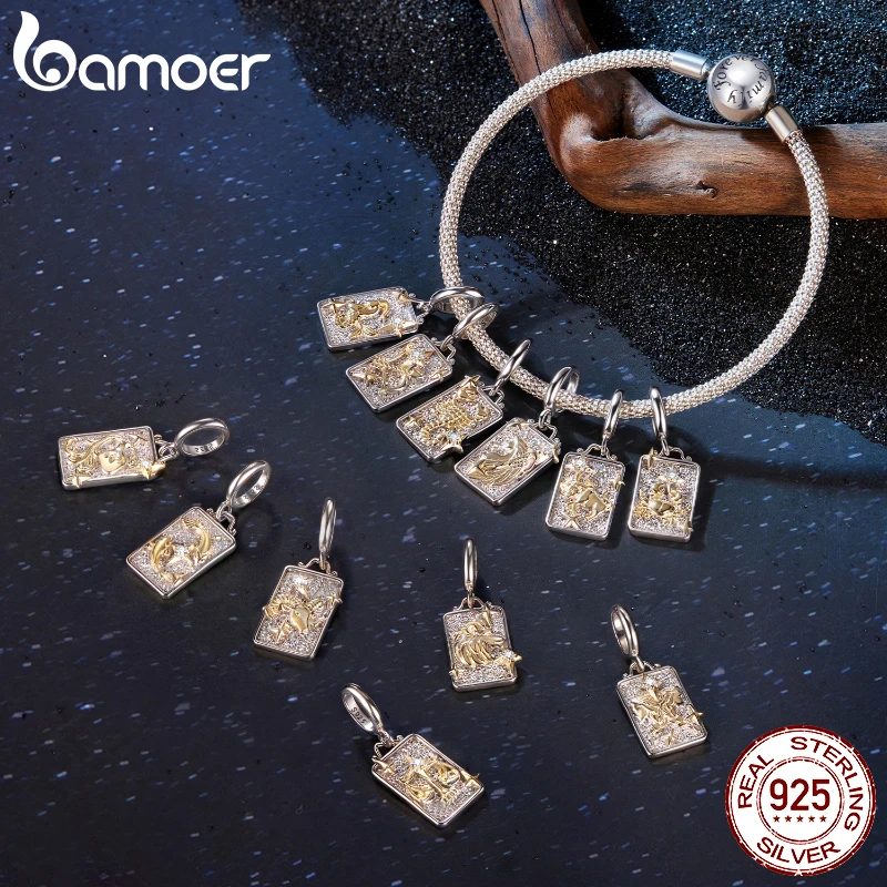 

Bamoer 12 Zodiac Bicolor Charms Pendant 925 Sterling Silver Unique Bicolor Rectangle Design Zircon Pendant Fine Jewelry