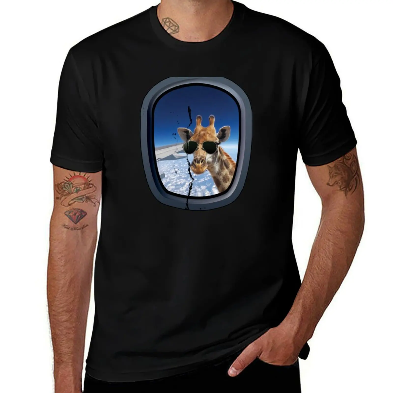 Giraffe At Plane Window Funny Surrealistic design for Giraffe Lovers T-Shirt sports fans graphic t shirt vintage outfits for men