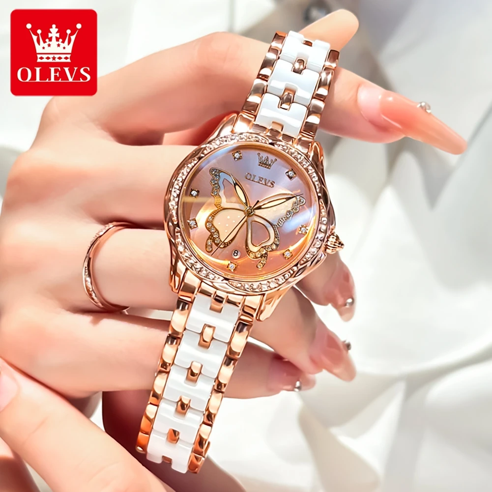 OLEVS 5610 Women Watch Fashion Elegant Diamond Butterfly Dial Ceramic Strap Waterproof Luminous Watch Luxury Top Quartz Watch