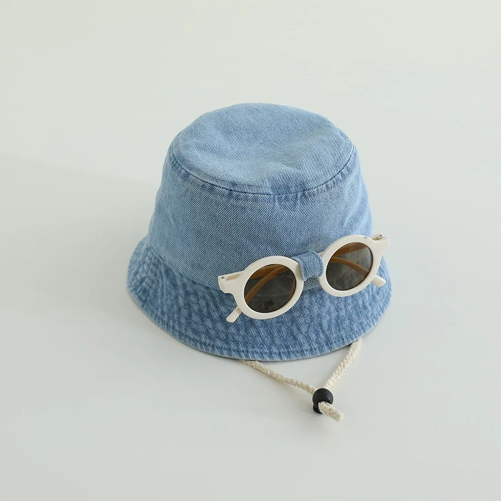 

Fashion With Sunglasses Spring Baby Hat Large Brim Sun Protection Denim Bucket Hat Solid Color Fisherman Hats For Kids 1-4 Year