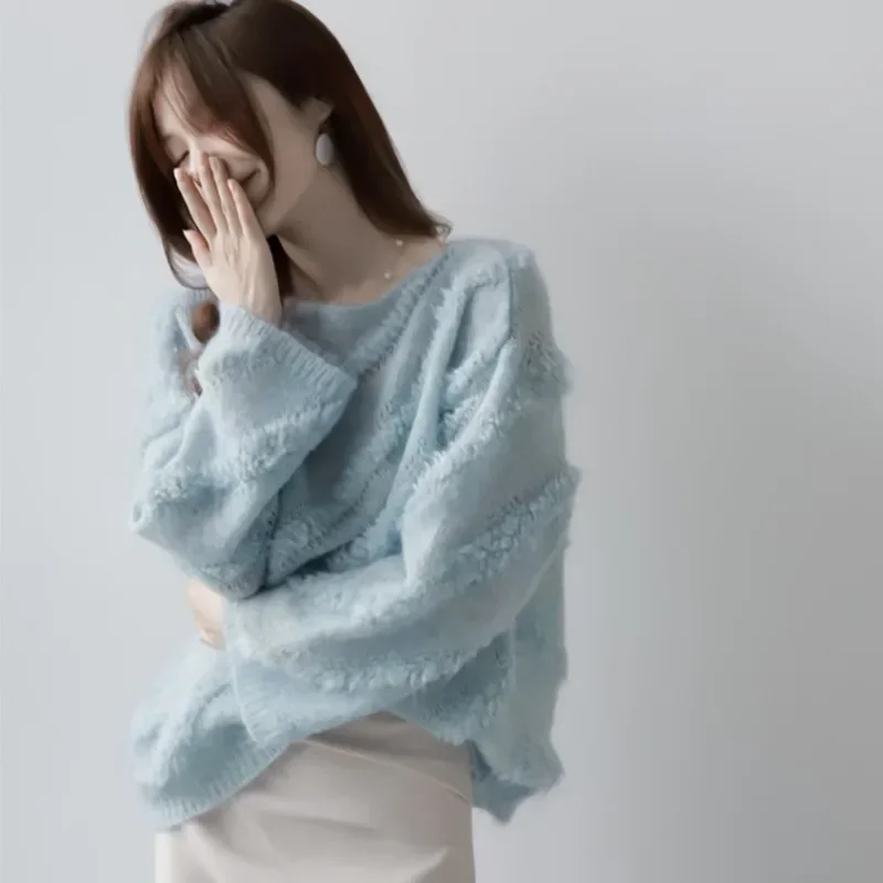 2025 Inverno Casual Y2K Maglia a maniche lunghe Nappe Pullover Coreano Moda Donna Chic Blu Caldo Maglione Top