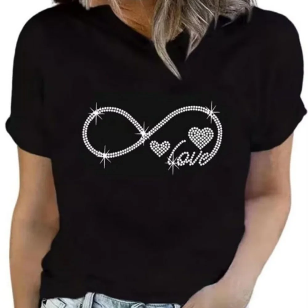 Rhinestone Infinity & Heart Print T Shirt for Women Fashion Love Letter Graphic Short Sleeve Shirt C