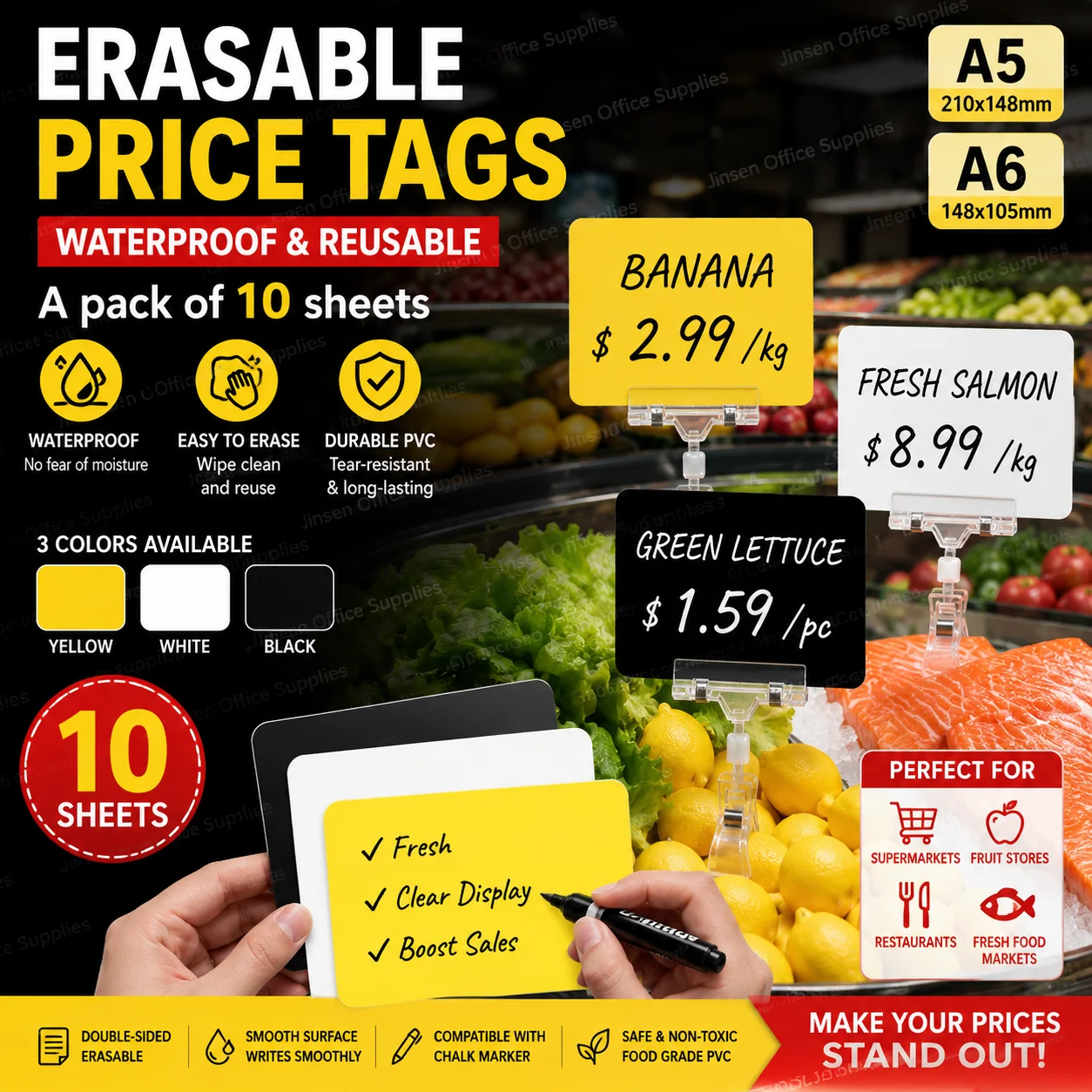 A5/A6 Preço de Frutas Expositor Supermercado Etiqueta Apagável À Prova D 'Água Vegetal Fresco Produto Aquático Marca Promocional 10 Pcs