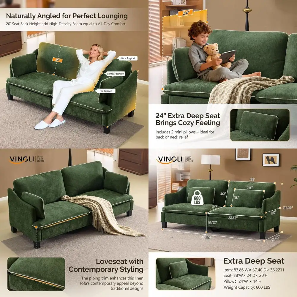 

Extra Deep Seat 3-Seater Velvet Sofa with Piped Cushions and Throw Pillows for Living Room, Bedroom, or Office
