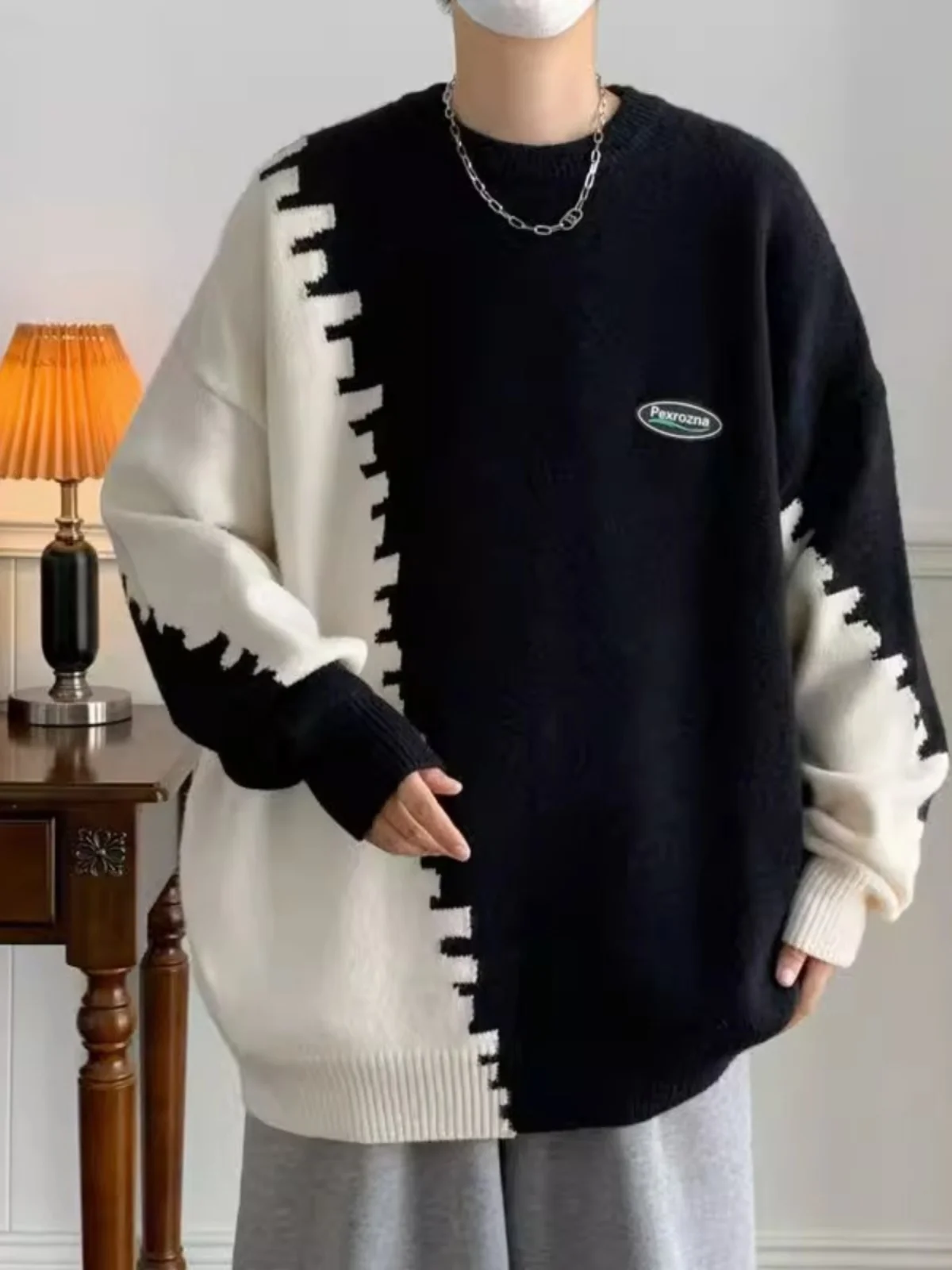 

Мужской свитер большого размера на осень-зиму, длинный, свободный, вязаный, верхняя одежда, модный бренд, цвет Ins Colion, воротник-бейсболка