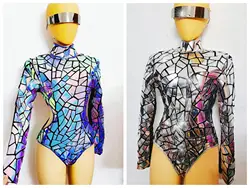 Sexy Female Sliver Purple Blue Mirror Bodysuit Cutout Strap Costume Dancer Jazz Dance Leotard Nightclub Party Stage Prom Wear