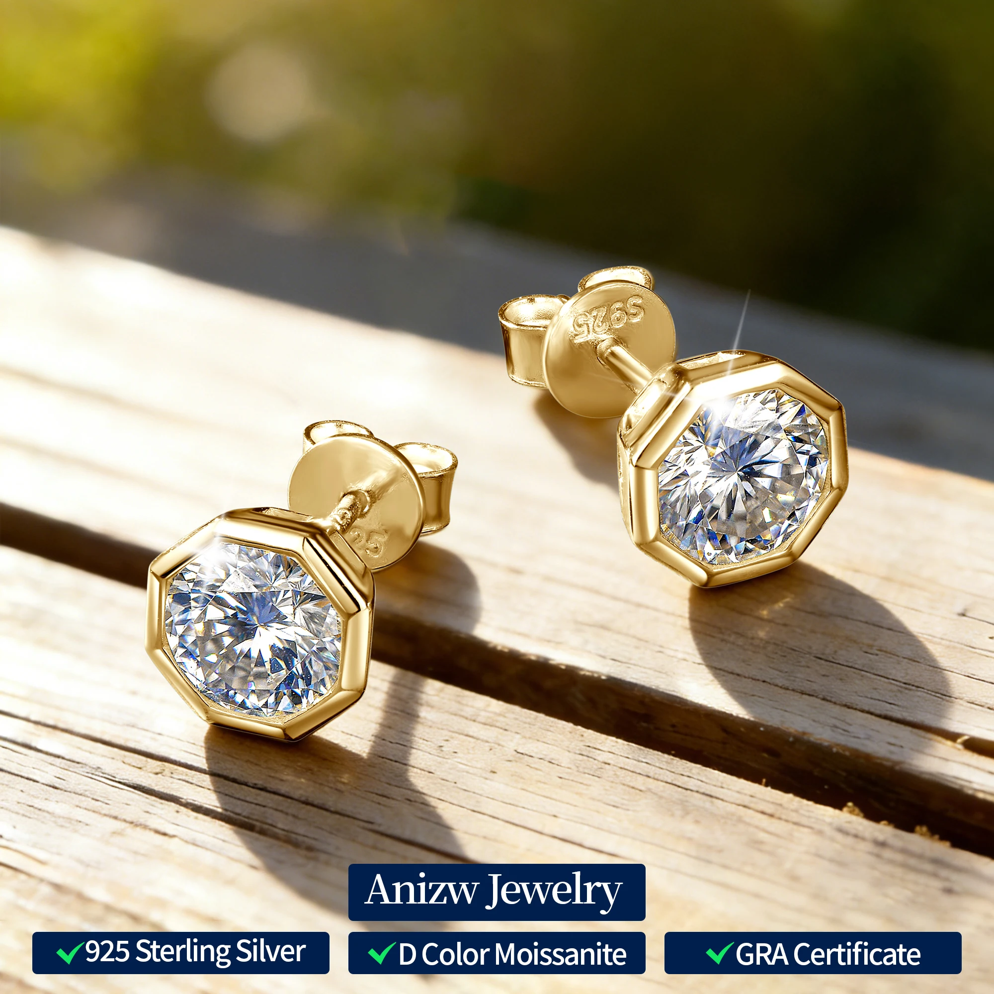 Anziw Personalized 6.5mm 1.0ct Octagonal Bezel Moissanite Solitaire Stud Earrings 925 Silver for Women and Men Fine Jewelry S925