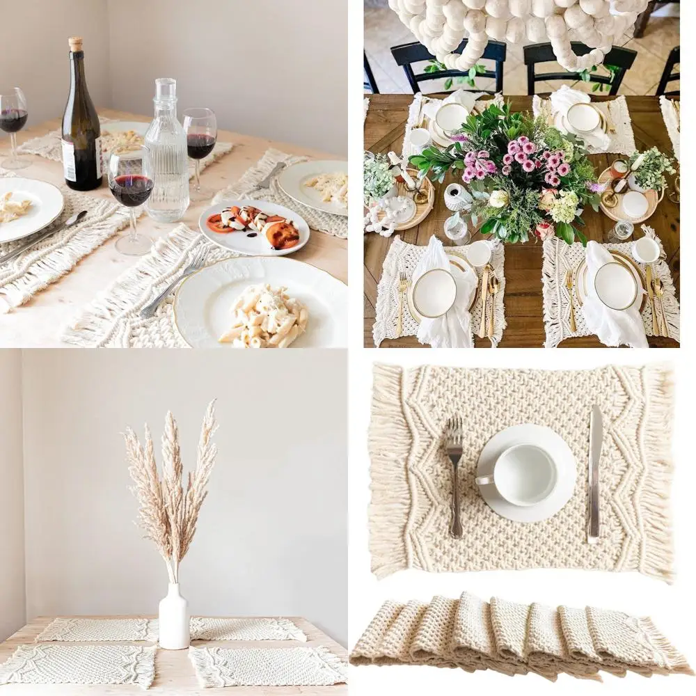 

Набор из 8 хлопковых подставок под тарелки ручной работы в стиле бохо - современный фермерский стиль с бахромой, цвета экрю, 12x20 дюймов, для сервировки стола и декора