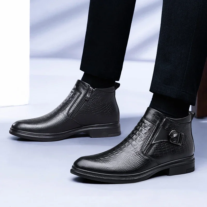 Mens Genuine Leather High Quality Boots Fashion Causal Boots Chelsea Shoes Pointed Boots Business Warm Plush Cowboy Ankle Boots