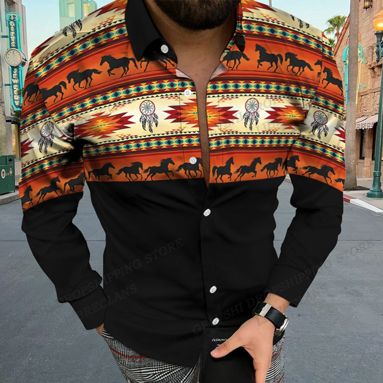 Long Sleeve Hawaiian Shirts Men Fashion Shirt Ethnic Blouses Cuba Beach Blouse Turn Over Collar Camisas Daily Shirt Male Clothes