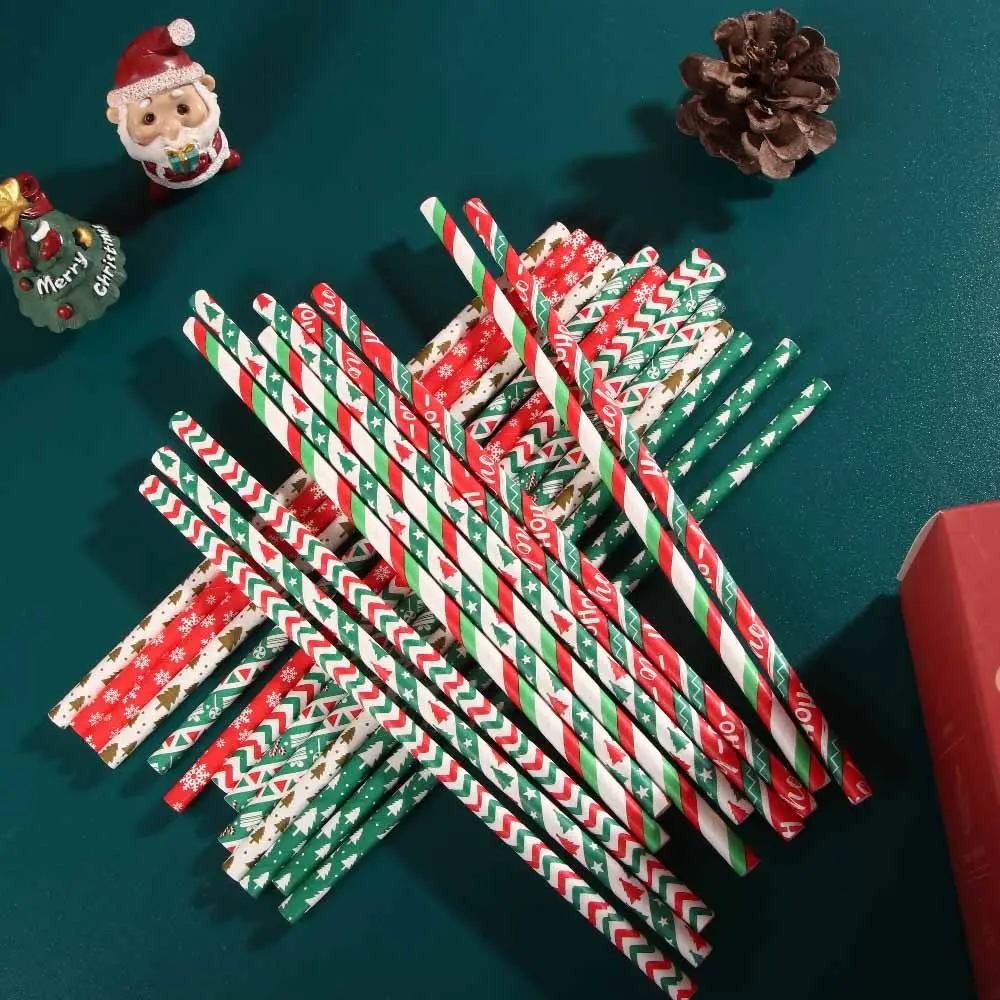 25pcs Christmas Paper Straws Snowflake Drinking Straw Merry Christmas Decorations for Home Xmas New Year Party Supplies