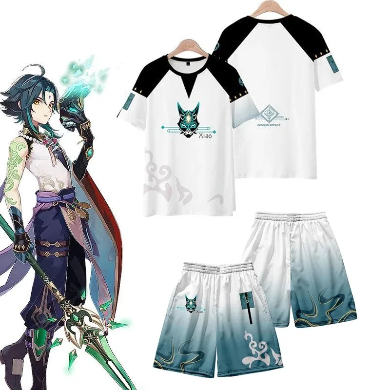 

Game Genshin Impact Xiao Cosplay Costume, T-shirt and Shorts, Hooded Kimono, Short Sleeve, Harajuku Streetwear, Summer