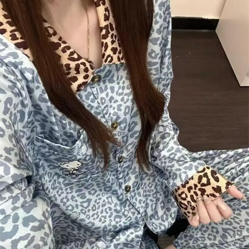 Pajama Suit Hello Kitty Blue Leopard Print New Female Spring Autumn Long-Sleeved Trousers Ins Suit Beautiful Girl Home Clothes