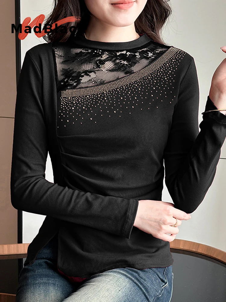 

MadBlack-Women European T-Shirt, Sexy Stand Diamond Lace Patchwork, Streetwear Long Sleeve Slim S-3XL Tee, 2026 Spring T61013CC