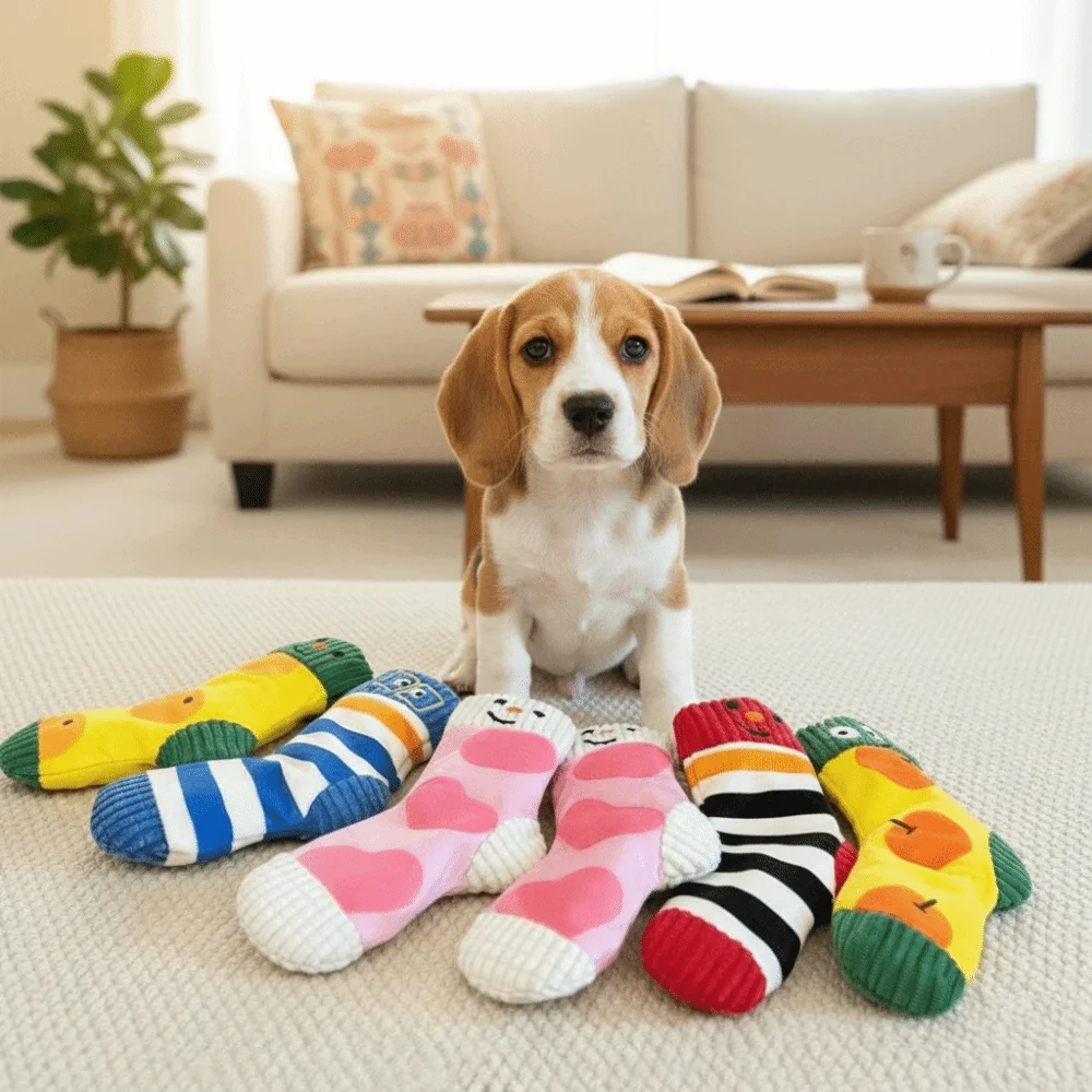 

Cute Bite-Resistant Dog Food Leakage Socks Squeaker Colorful Dog Sound Making Socks Cartoon Dog Treat Dispenser Training