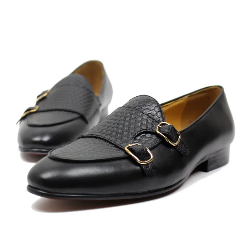 Men\'s Genuine Leather Loafers Metal Buckle Monk Shoes Casual Business Dress Gentleman Wedding Party Formal Shoes