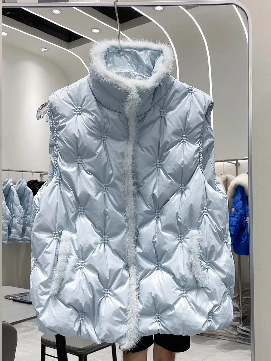 

Autumn Winter Faion Design Real Mink Fur down Jaet Women's Vest ort Thi Warm Svel Outerwear Lady Commute Sle