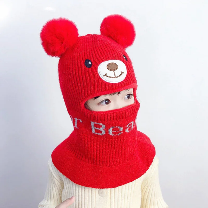 Bär Winter Baby Motorhaube Hut Schal einteilige Pompon Kinder Strick mütze für Mädchen Jungen warme Ohren Hals Kinder Mütze zum Skifahren 2-6y