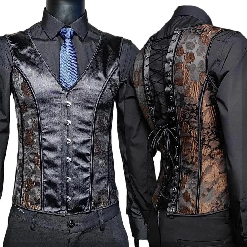 Brown Gothic Steampunk Corset Vest Men Victorian Brocade Waistcoat Lace Up Slim Fit Suit Vest For Medieval Performance Costume