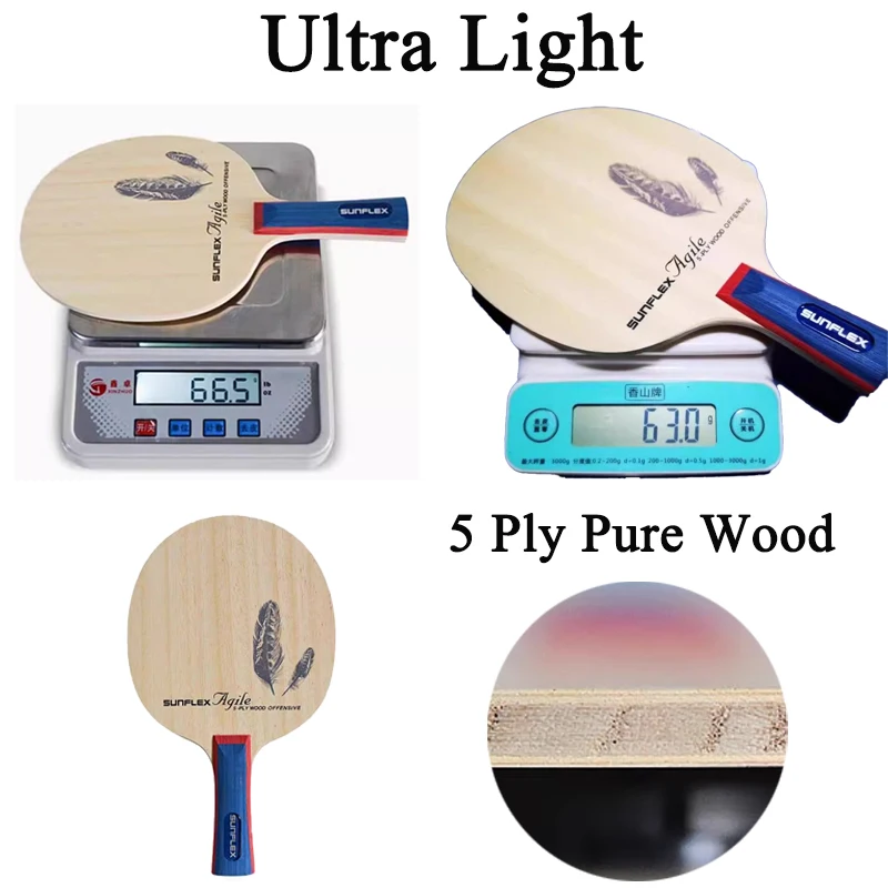 Super Light Table Tennis Blade SUNFLEX 5 Ply Pure Wood Arc & Fast Attack Ping Pong Paddle Racket FL/CS for Child