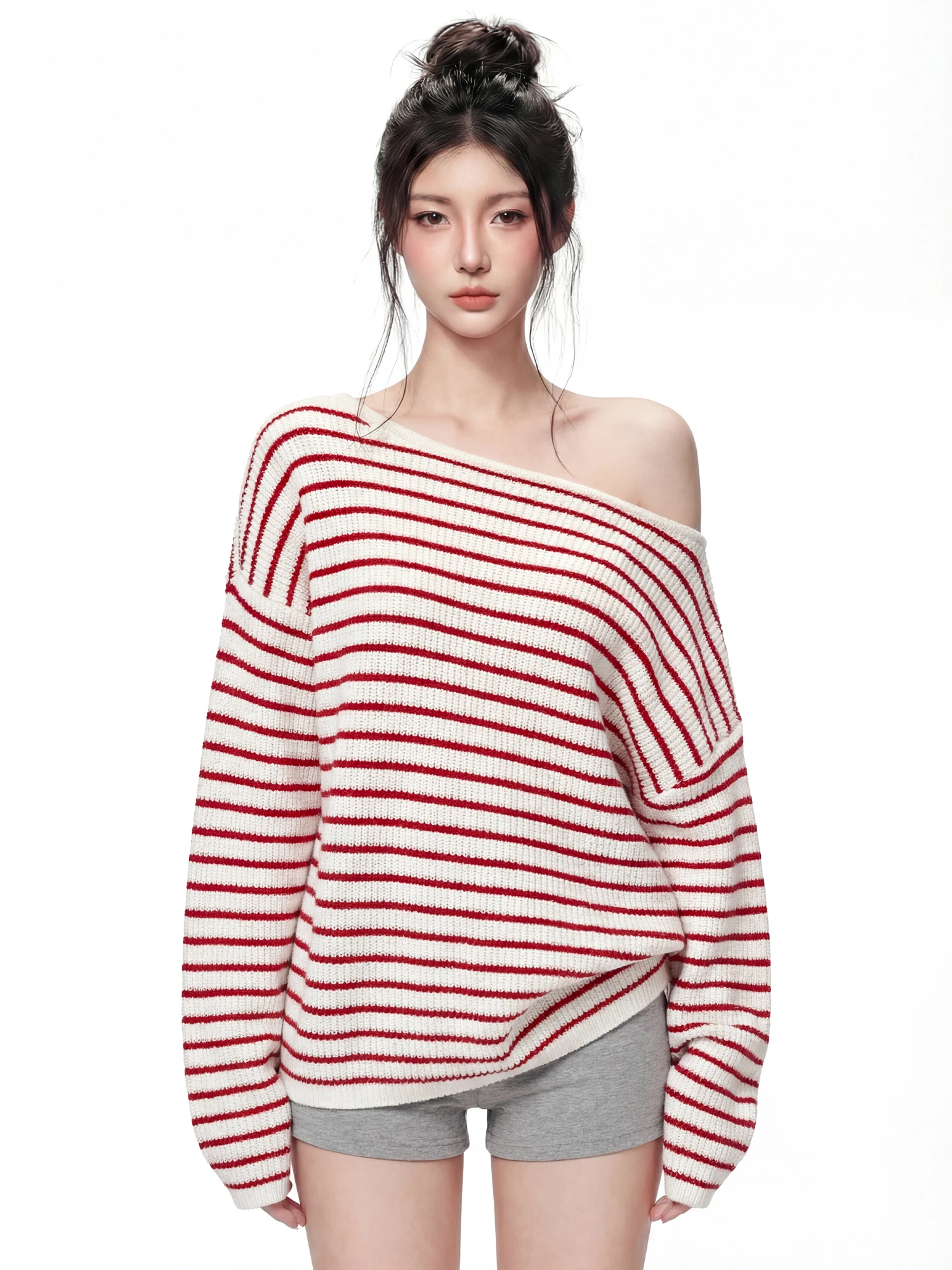 

Свободный повседневный женский вязаный свитер с длинными рукавами и открытыми плечами в полоску, из полиэфирного волокна, удобный, стройнящий топ