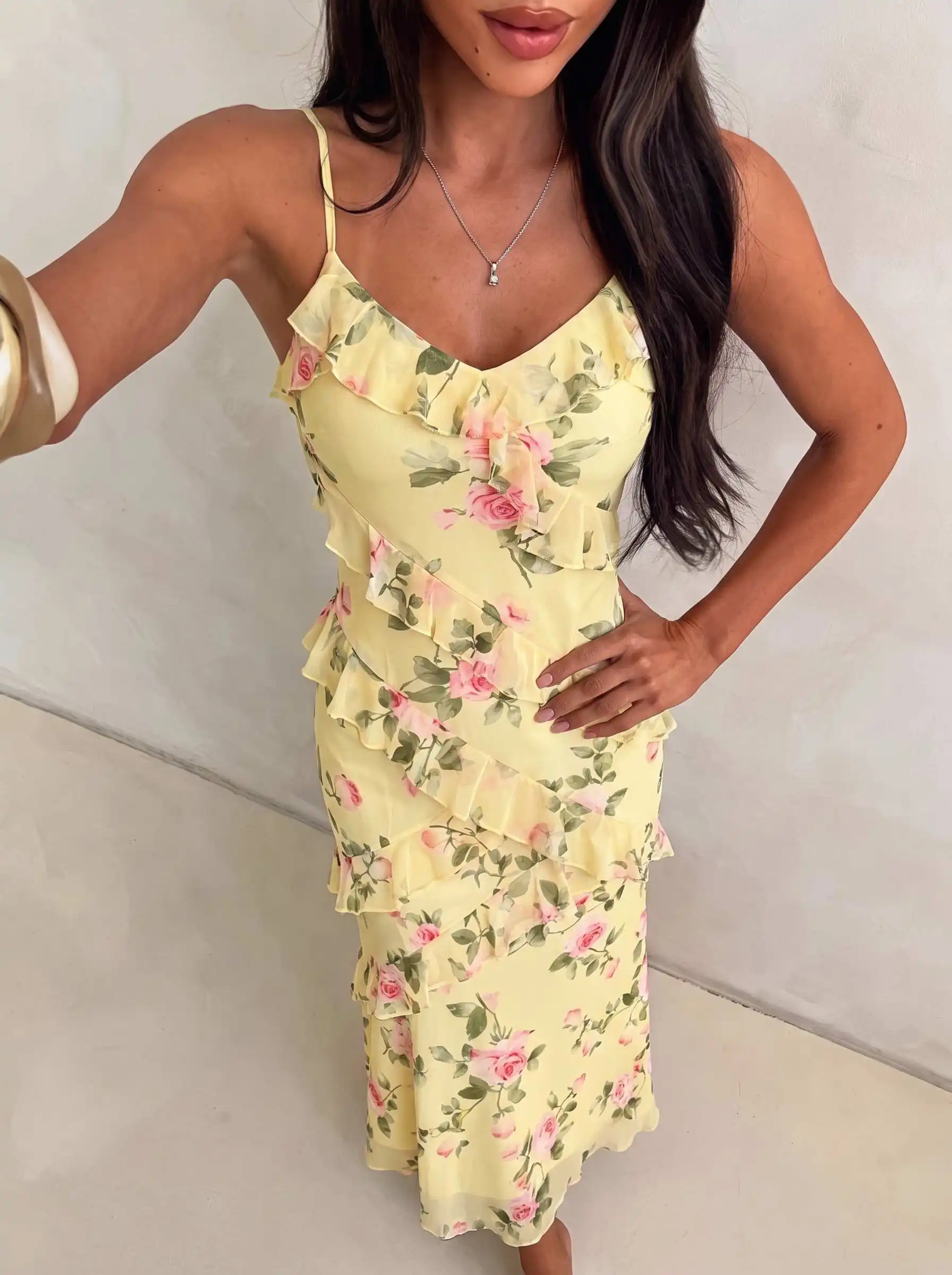 Damen Aquarell-Rosen-Print Cami-Kleid mit Rüschen, Chiffon-Midikleid, Spaghettiträger, fließendes Kleid für Urlaub, Strandparty, Ferien – Detail 2