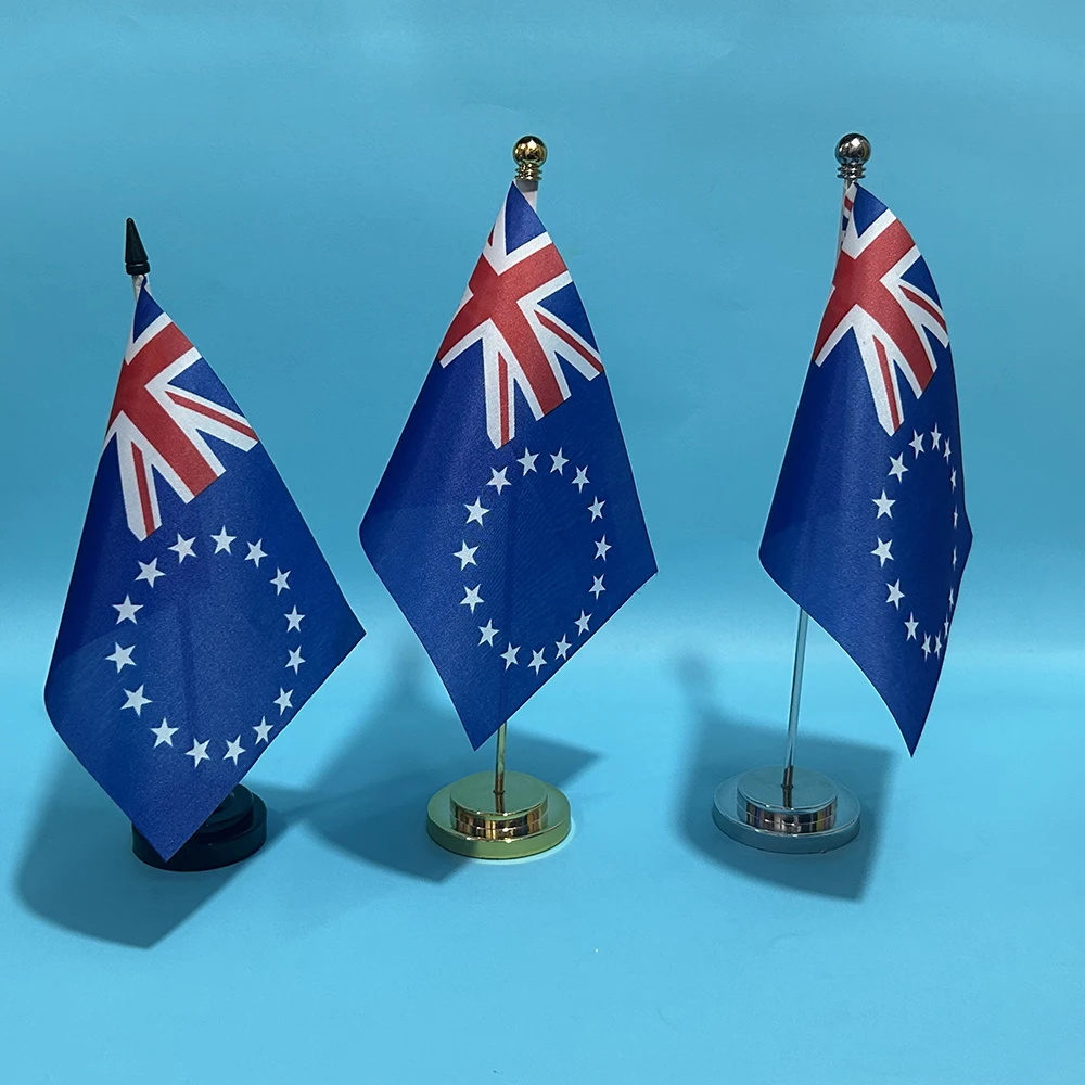 Office Desk Flag of Cook Islands Flag 14x21cm Polyester Desk Ornaments Flags with Flagpole Cook Islands Flag Table Banner