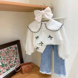 Autumn Children Girl Two Piece Clothes Set Cotton Knotbow Peter Pan Collar Tulle Long Sleeve Shirt Suit Solid Flared Pant Outfit