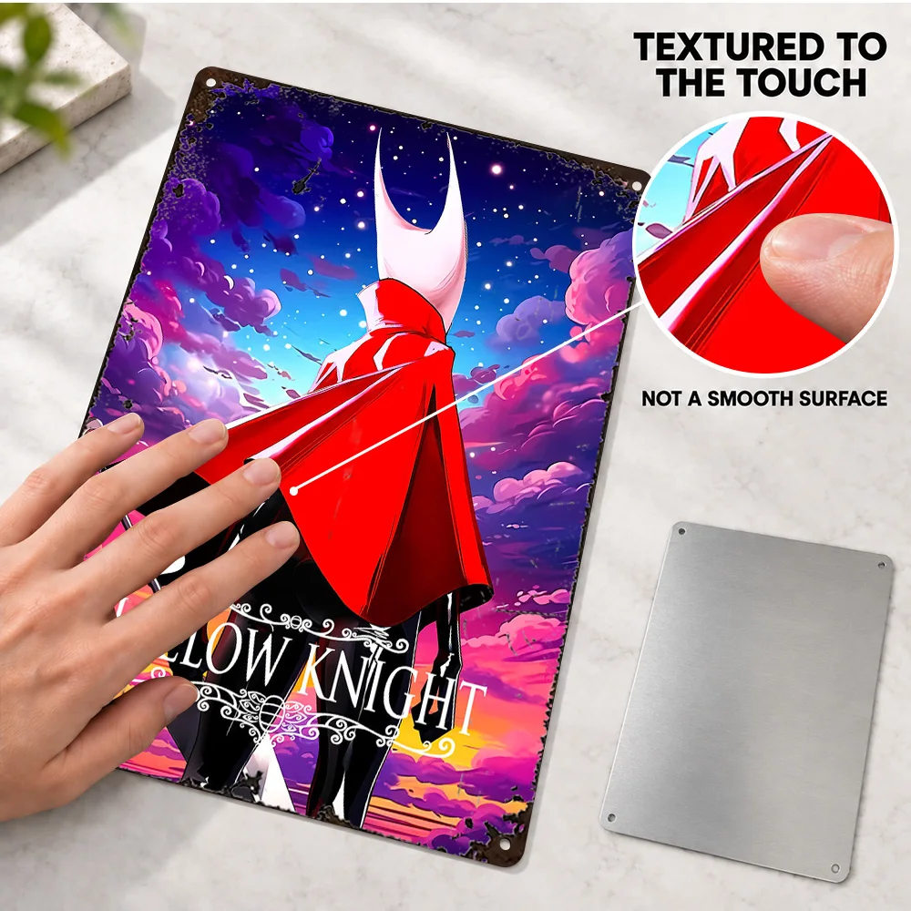 Hollow Knight Textured Metal Poster Personalized Aluminum Sign Hornet Starry Sky Illustration Wall Art For Bedroom Gamer Gift