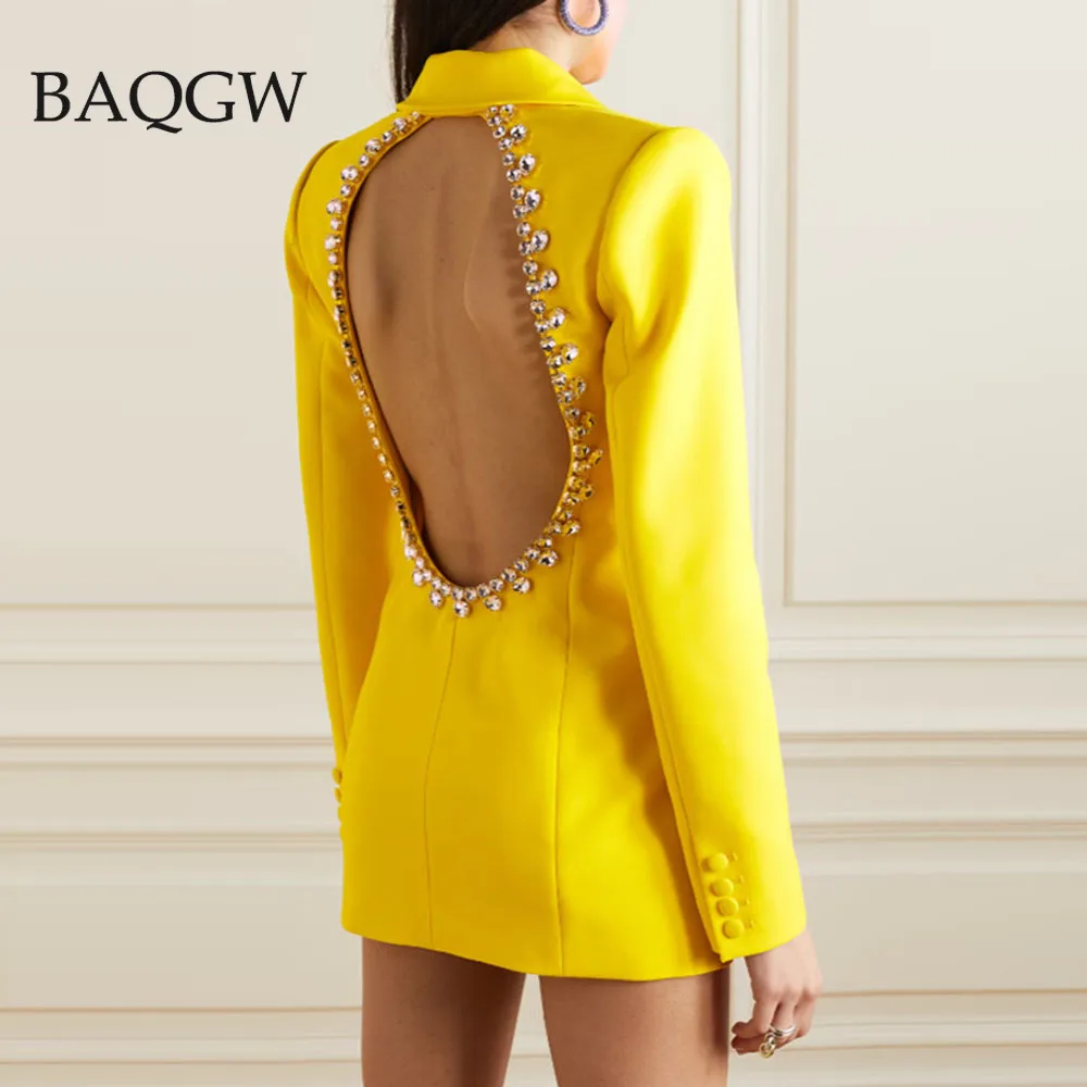 

Women Yellow Black Suit Dress Sexy Open Back Diamond Patchwork Hollow V-Neck Slim Fit Mini Elegant Celebrity Party Jacket Dress