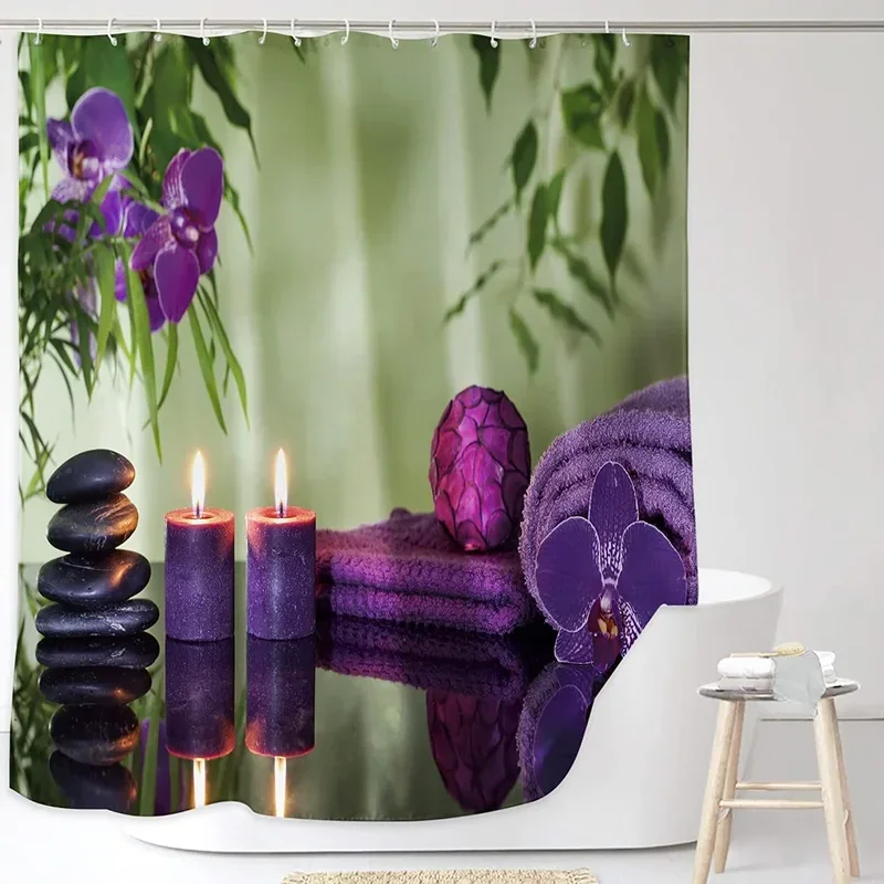 Zen Bathroom Shower Curtain Purple Candles Orchid Bloom Green Leaf Plant Phalaenopsis Spa Polyester Fabric Hook Waterproof Decor