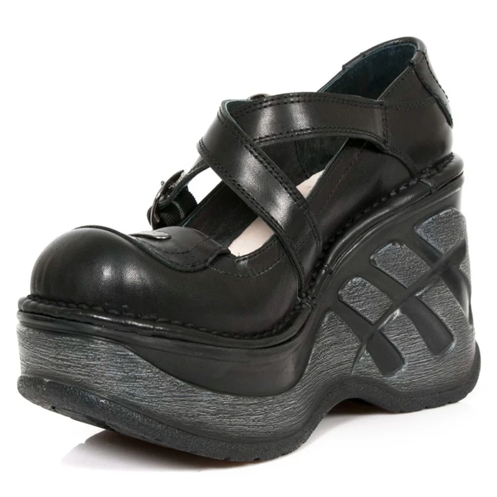 Rock Metal Decoration Height-Increase Mary Janes Shoes Women Hollow Cross Strap Platform Dress Shoes Retro Wedges Lolita