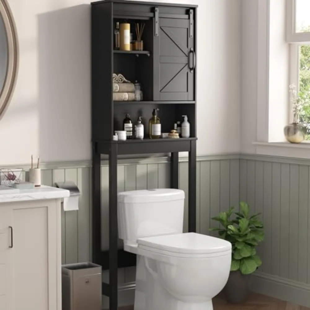 Over The Toilet Storage Cabinet, Bathroom Organizer with Adjustable Shelves and Anti-Tip Device, Space-Saving Storage