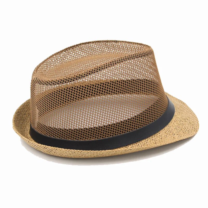 2021 Fashion Summer Unisex Jazz Paper Straw Hat Short Brim Mesh Fedora Hat with Belt Buckle Party Beach Cap Men Women Sun Hat