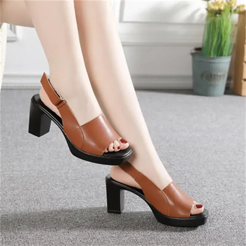 Women\'s Sandals Summer Genuine Leather High Heels Fashion Sandals Ankle Strap Outside Shoes Square Toe Mixed Color