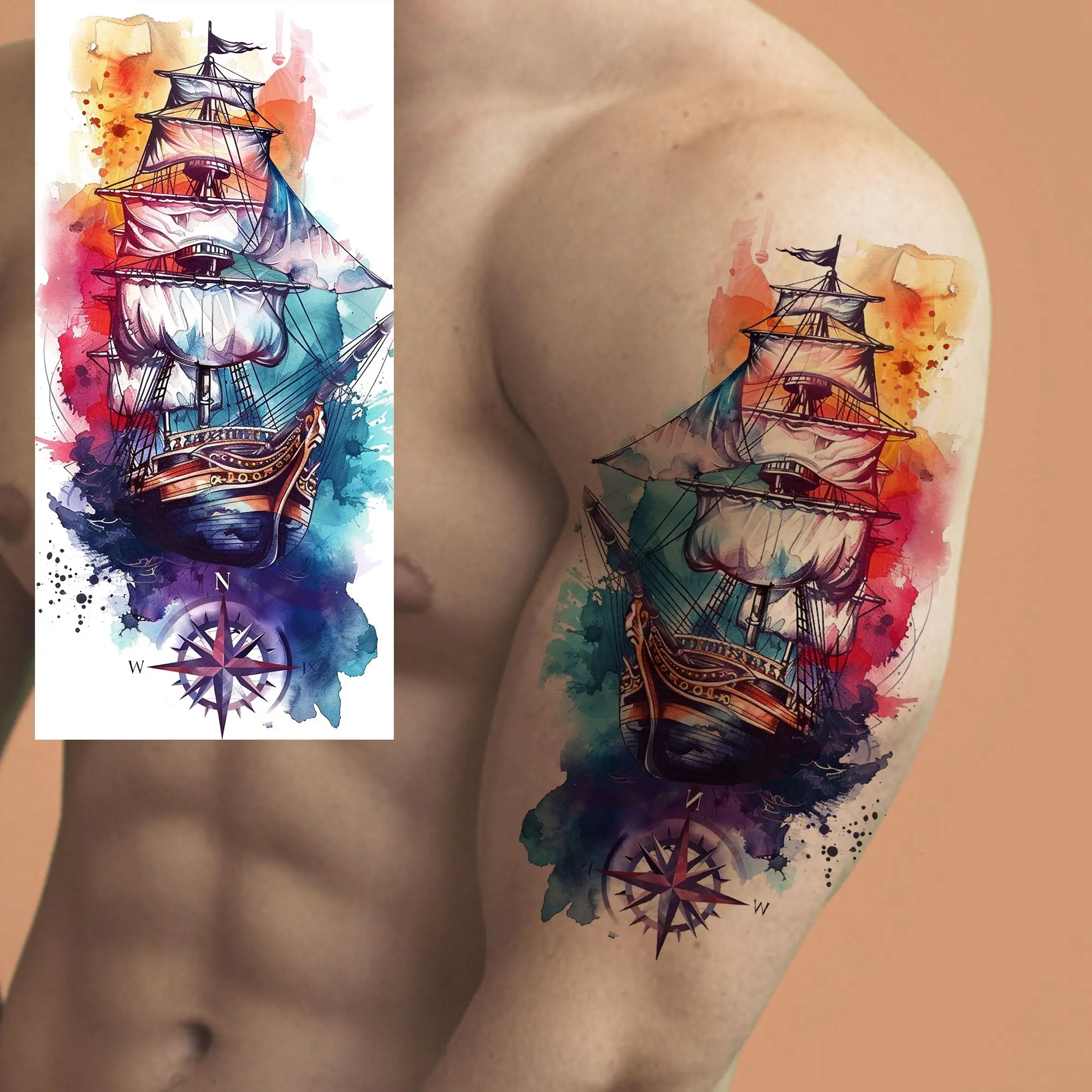 1 Blatt Aquarell Segeln Piratenschiff Wasserdicht Temporäre Tattoos Für Männer Frauen Erwachsene Realistische Segelboot Fake Tattoo Aufkleber
