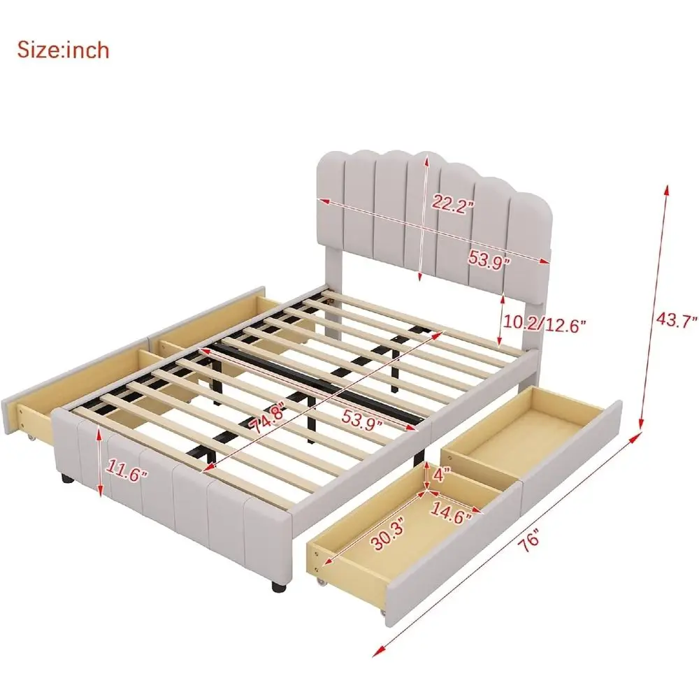 إطار سرير بمنصة كاملة الحجم للرجال مع 4 أدراج تخزين، بيج، دعامة خشبية، 76 لتر × 53.9 وات × 43.7 ارتفاع