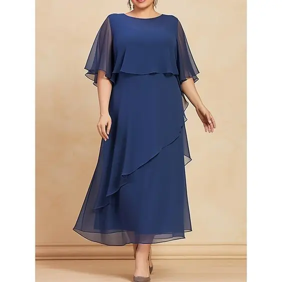 Women's Plus Size Curve Prom Dress Party Dress Wedding Guest Dress Long Dress Maxi Dress Blue Half Sleeve Ruffles