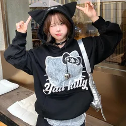 Korean Style Trendy Hello Kitty Cute 3D Embroidered Patch Hoodie for Women Y2k Hooded Cotton Pullovers with Kangaroo Pocket