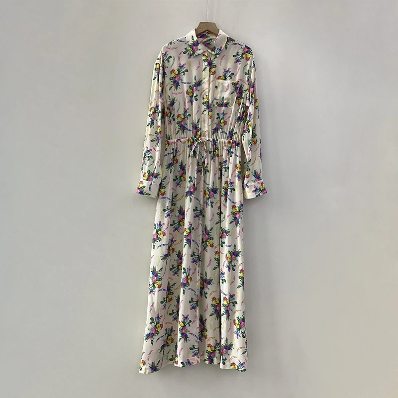 

Zadig Summer Dress Women Classic Floral Print New Fashion Silk Long Dresses Female Casual Wings Print Drawstring Elegant Robes