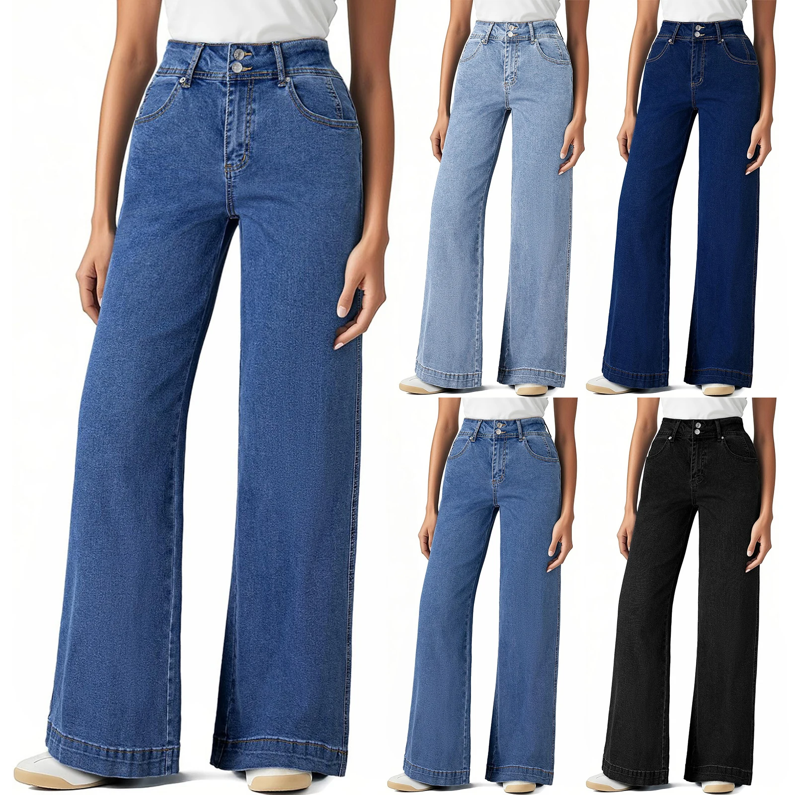 Damskie popularne spodnie jeansowe o prostym kroju, proste, jednokolorowe, z guzikami, wygodne, oddychające, eleganckie spodnie damskie.