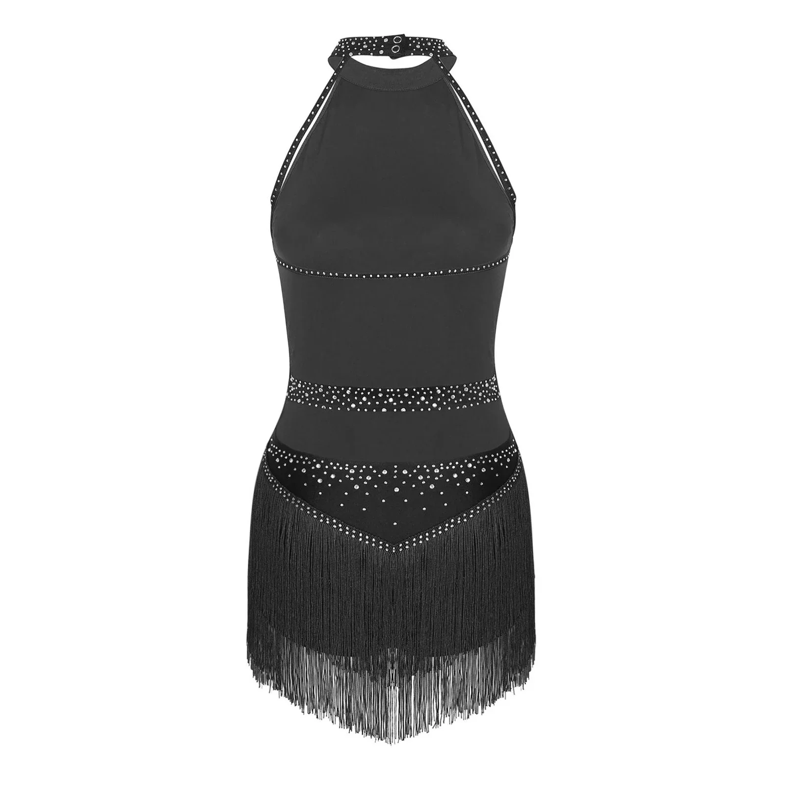 Vestido de baile de Jazz latino para mujer, sin mangas, con lentejuelas y diamantes de imitación, leotardo con borlas, traje de actuación de salón de baile Cha-cha Samba