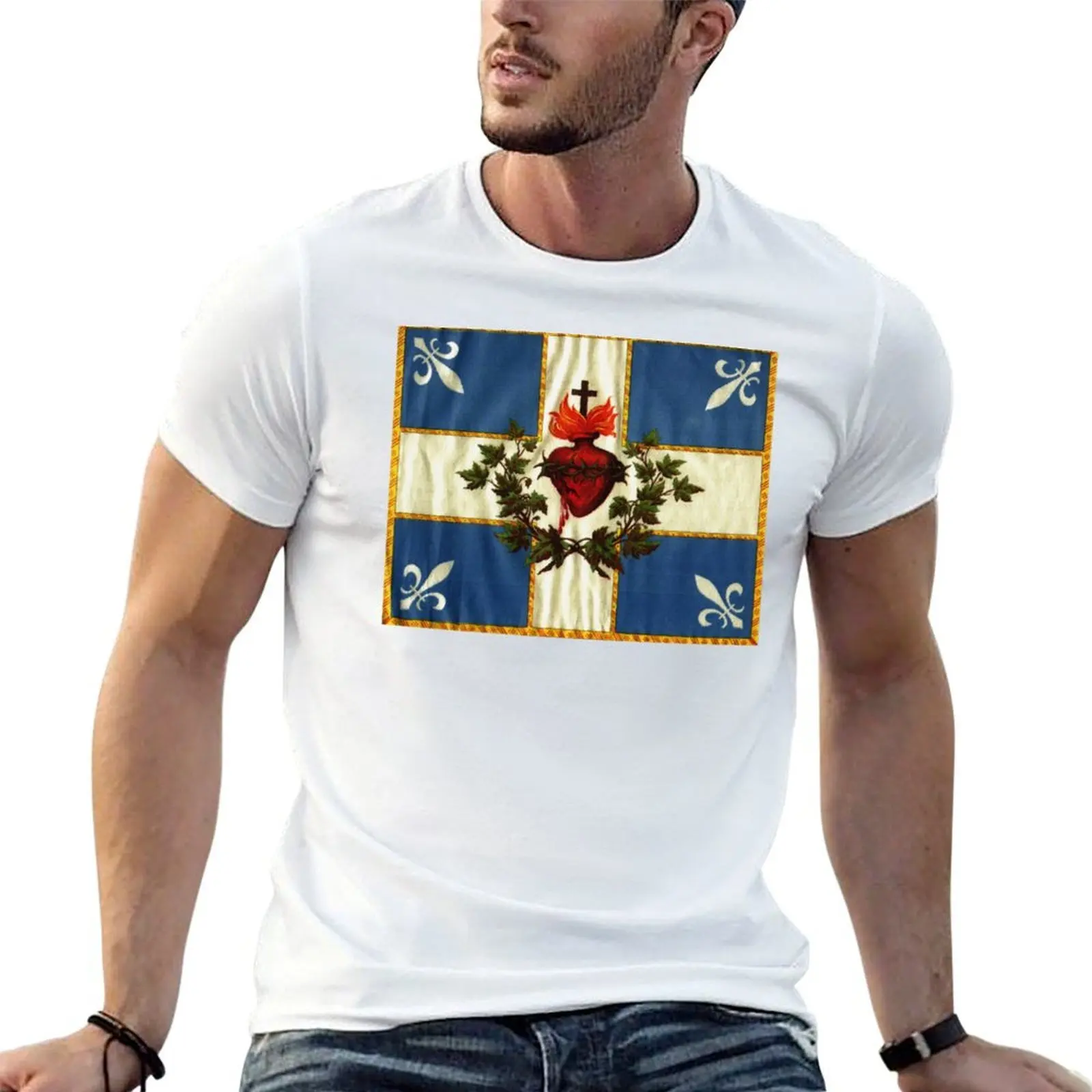 تي شيرت Quebec flag drapeau Québec Patriote Carillon Sacré-C?ur إصدار عتيق قديم كاثوليكي مسيحي مع تي شيرت عالي الدقة من fleurs de Lys