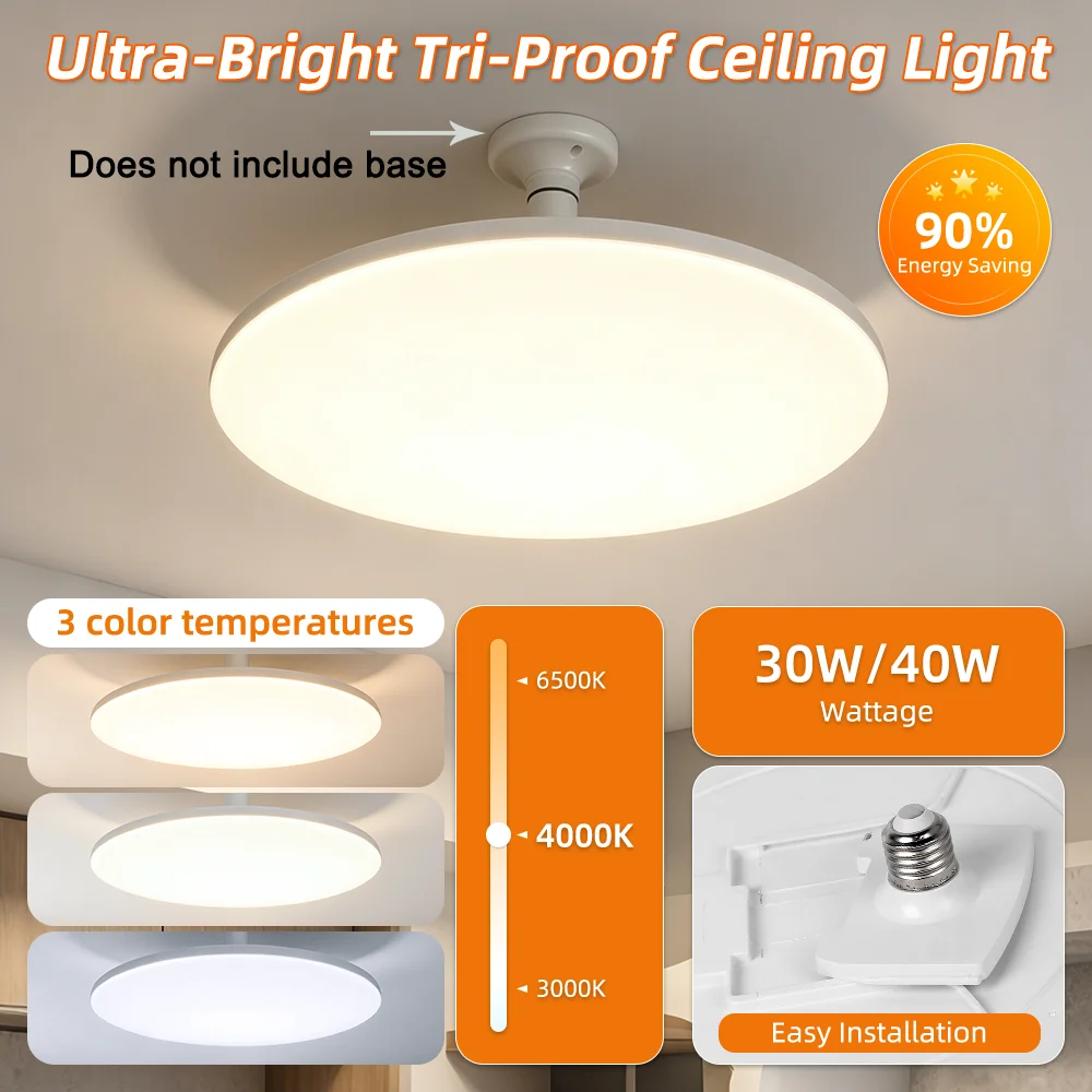 E27 Led Ceiling Light 3 Colors 30W/40W Bathroom Lamp Led Panel IP44 Waterproof Indoor Lighting for Home Kitchen Ceiling Lamp