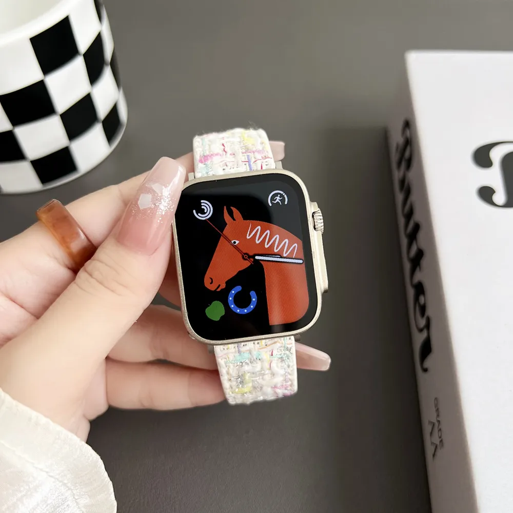 Tali kulit wol untuk Apple Watch, gelang tur tunggal wanita untuk Iwatch 41/45mm 40/44mm, tali kulit wol untuk Apple Watch Band 49Ultra SE8 7 6 5 4 3 2 38mm/42mm